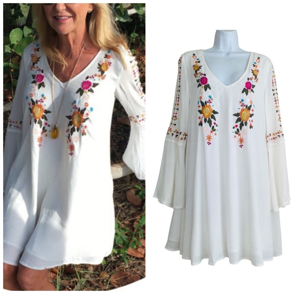 Sugarlips Floral Embroidered Bell Sleeve Tunic Dress Size M